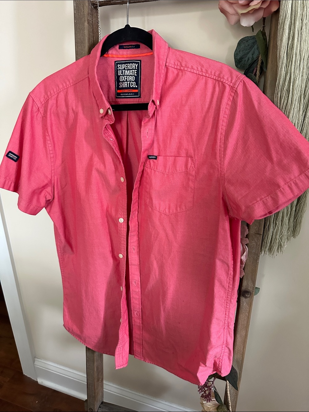 Superdry Men's Coral-Pink Short Sleeve Oxford Button-Down Shirt
